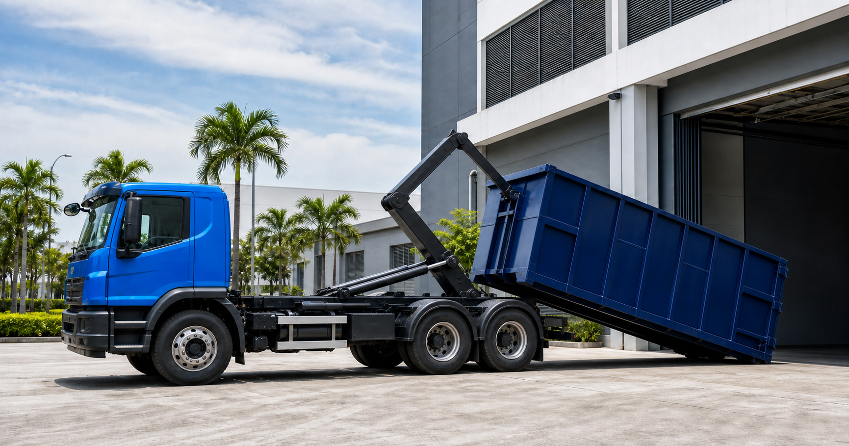 Blue hook-lift RORO truck placing a large bin at a commercial loading bay in Malaysia.