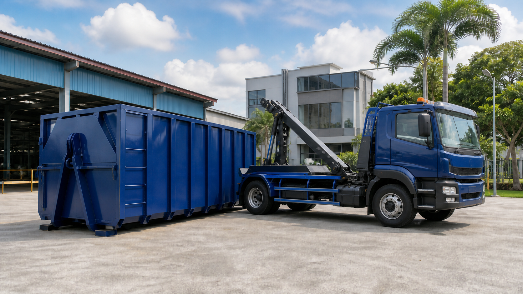 Blue RORO bin and hook-lift truck at a commercial and industrial site in Malaysia.
