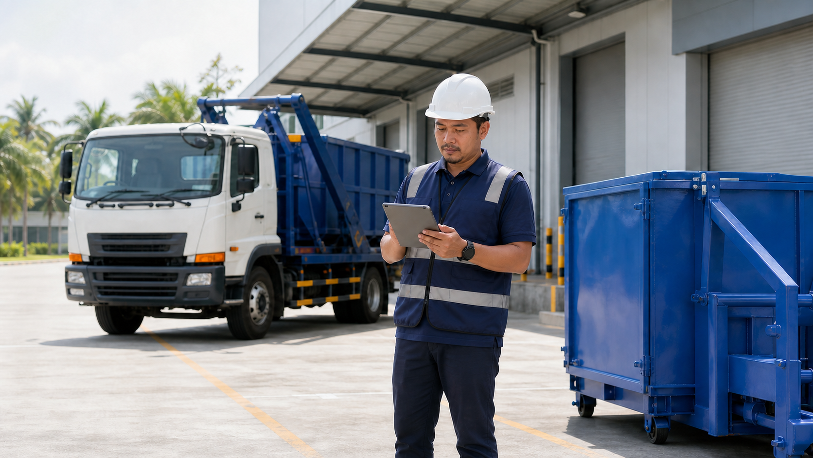 Site supervisor reviewing a commercial waste service plan beside a blue RORO bin in Malaysia.